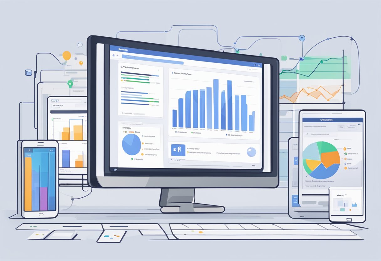 A computer screen displaying Facebook ad objectives with performance metrics and a graph showing ad results