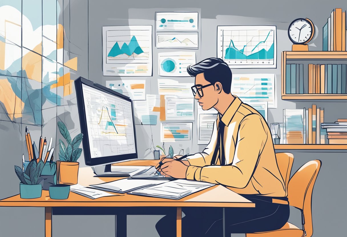 An advertising consultant sits at a desk, surrounded by charts and graphs. They are deep in thought, brainstorming ideas for a new campaign. The room is filled with creative energy and determination