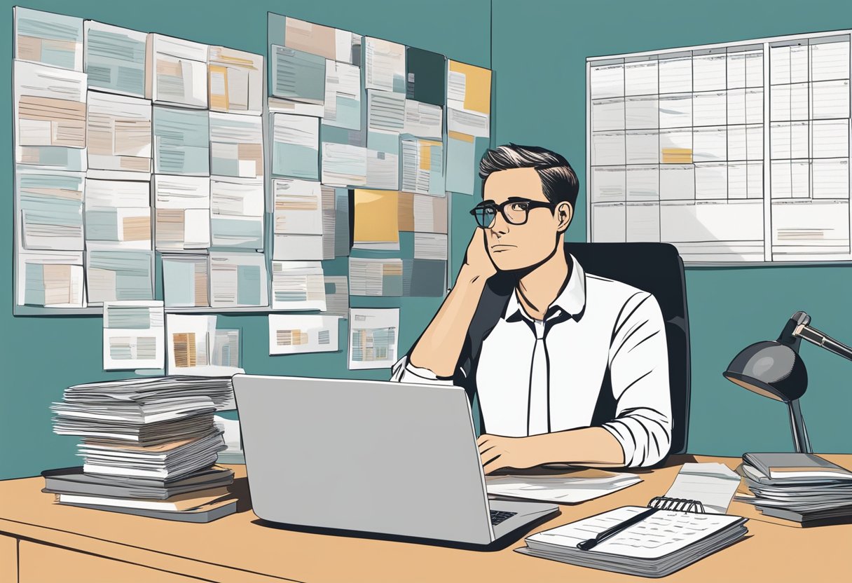 A business owner sitting at a desk, surrounded by marketing materials and looking overwhelmed. A calendar on the wall shows a looming deadline