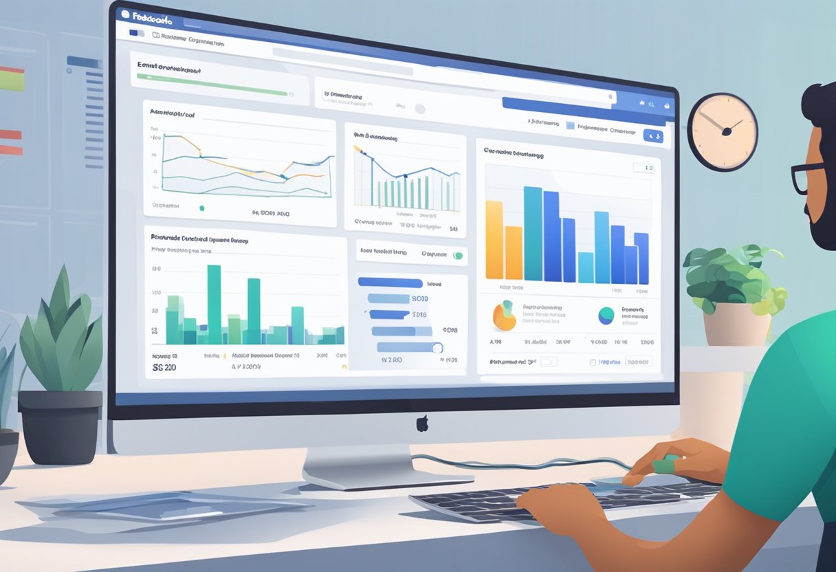 A computer screen displaying Facebook ad metrics with a graph showing increased performance and a hand adjusting the ad settings