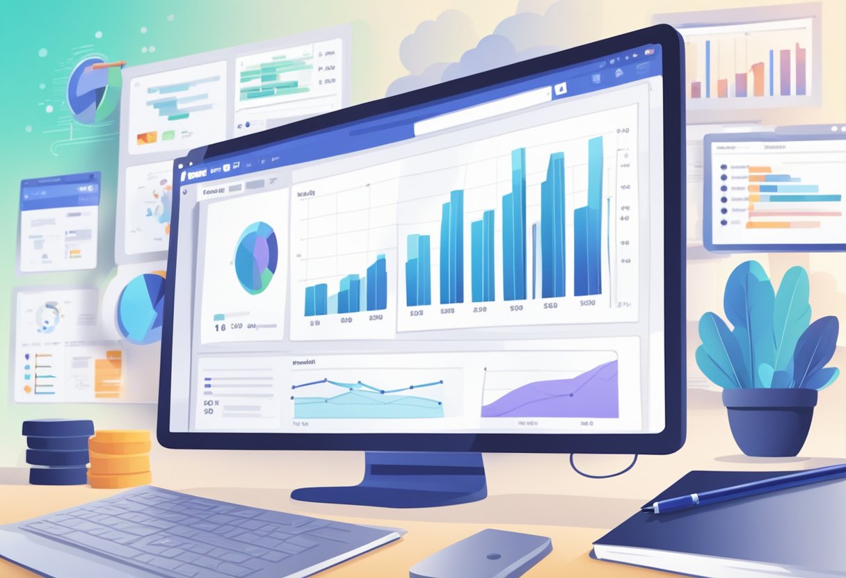 A computer screen displaying Facebook ad analytics with graphs and charts. A person analyzing data with a pen and notebook nearby