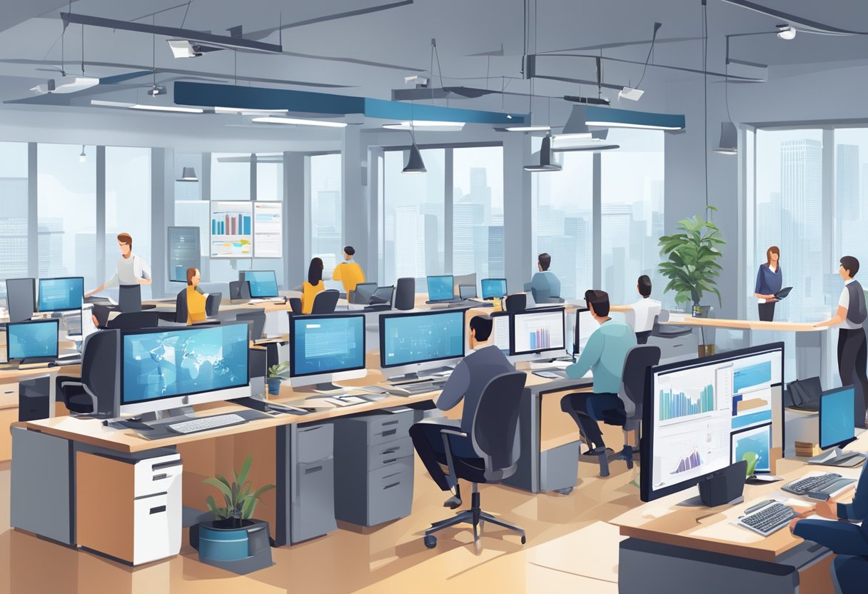 A bustling office with computers and technical equipment. Advertisements displayed on screens and printed materials. Specialists collaborating and problem-solving