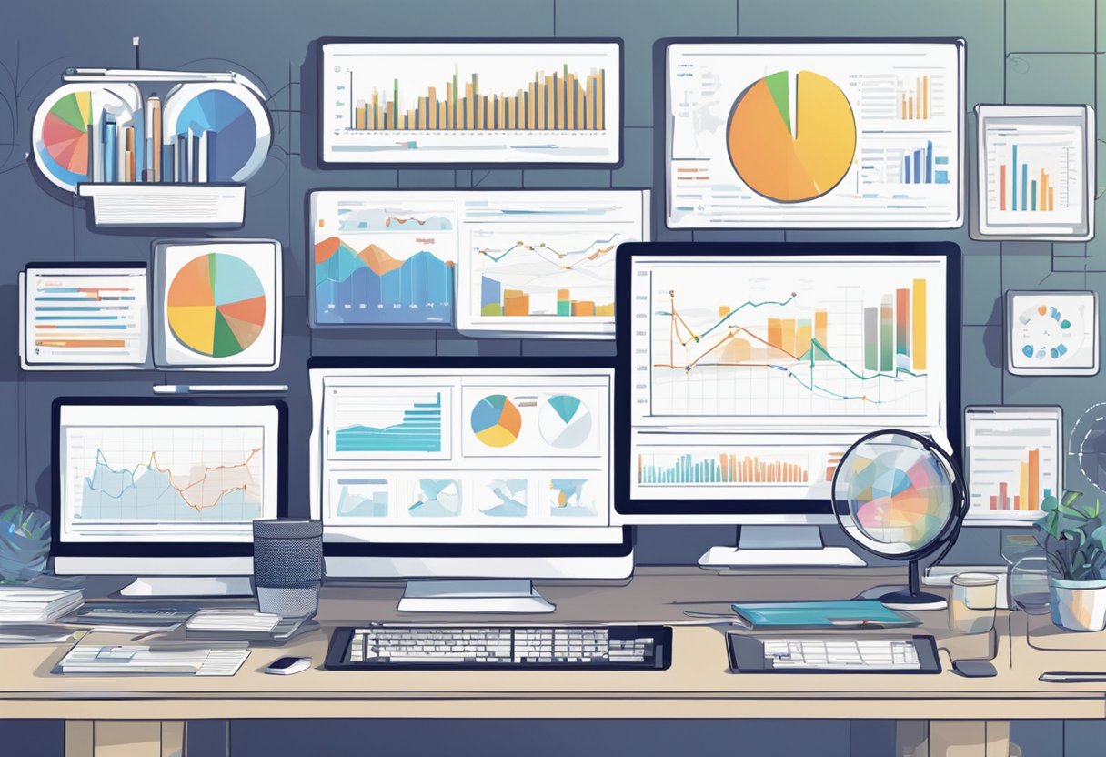 A computer screen displaying graphs and charts, surrounded by various technical devices and tools. A person analyzing data with focus and determination