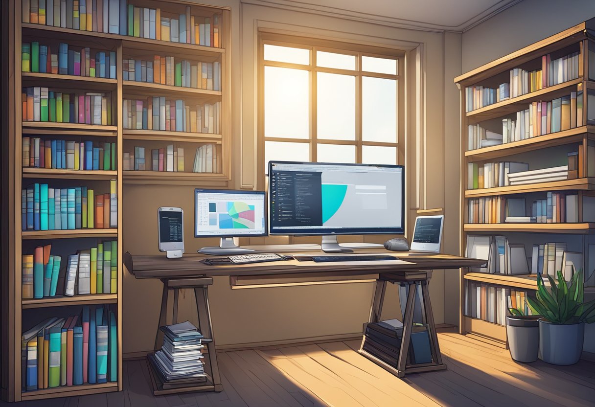 A desk with a computer, graphic tablet, and design software open. A bookshelf filled with technical manuals and advertising books in the background