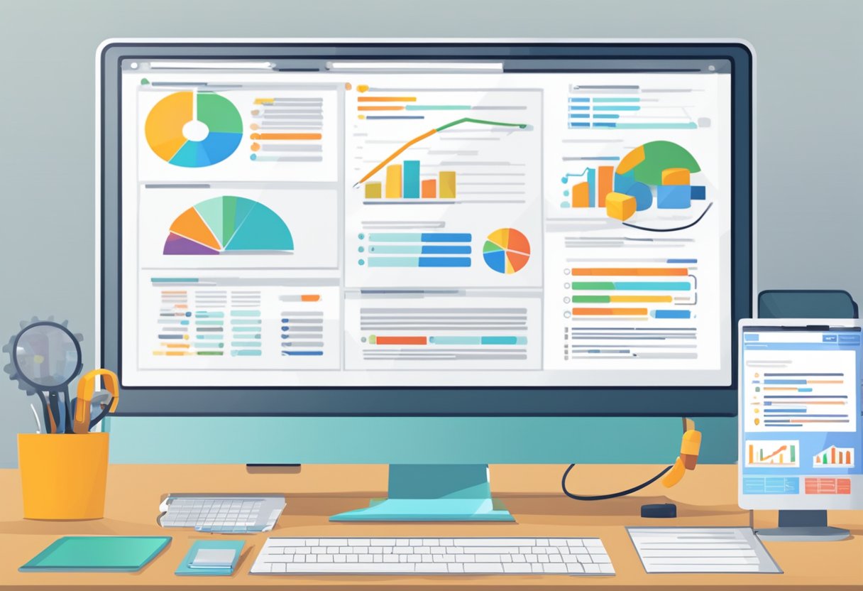 A computer screen with SEO tools, a content strategy document, and advertising setup diagrams on a desk