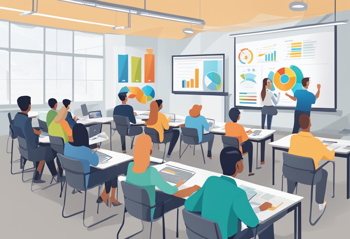 A group of marketing professionals sit in a classroom, learning about technical expertise in advertising setup. Charts and diagrams cover the walls, as the instructor leads a discussion on the importance of training for in-house teams