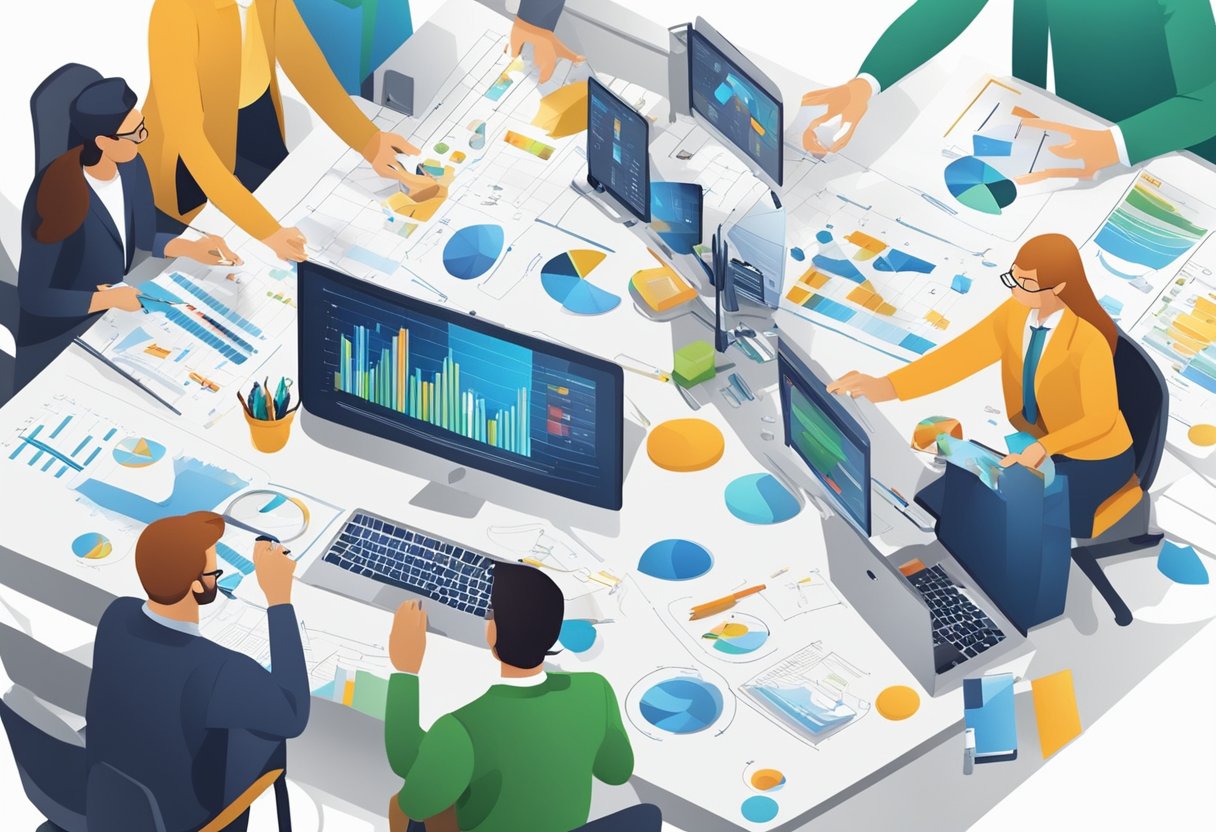 A group of professionals brainstorming ideas with technical equipment and tools, surrounded by charts and graphs, illustrating the importance of technical expertise in advertising setup