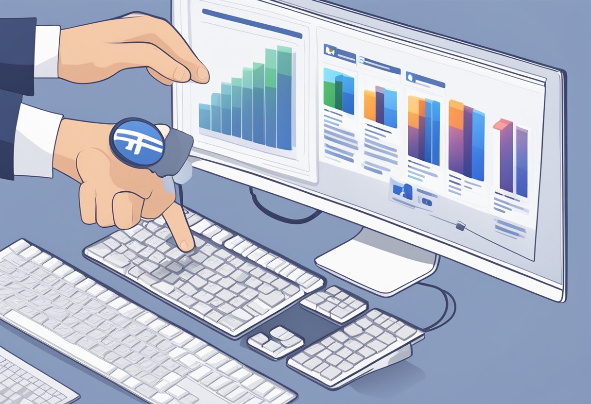 A computer screen displaying Facebook ad metrics with a graph showing continual improvement. A hand adjusting settings on a mouse and keyboard